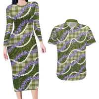 Green Hawaii Palaka Honohono Pikake Couples Matching Long Sleeve Bodycon Dress and Hawaiian Shirt Hawaiian Orchid Lei Polynesian Pattern - Polynesian Pride