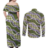 Green Hawaii Palaka Honohono Pikake Couples Matching Off Shoulder Maxi Dress and Long Sleeve Button Shirt Hawaiian Orchid Lei Polynesian Pattern - Polynesian Pride