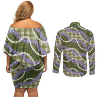 Green Hawaii Palaka Honohono Pikake Couples Matching Off Shoulder Short Dress and Long Sleeve Button Shirt Hawaiian Orchid Lei Polynesian Pattern LT14 - Polynesian Pride