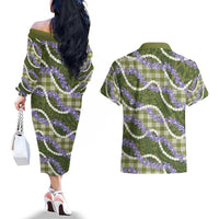 Green Hawaii Palaka Honohono Pikake Couples Matching Off The Shoulder Long Sleeve Dress and Hawaiian Shirt Hawaiian Orchid Lei Polynesian Pattern LT14 - Polynesian Pride