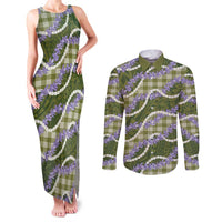 Green Hawaii Palaka Honohono Pikake Couples Matching Tank Maxi Dress and Long Sleeve Button Shirt Hawaiian Orchid Lei Polynesian Pattern LT14 Green - Polynesian Pride