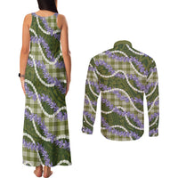Green Hawaii Palaka Honohono Pikake Couples Matching Tank Maxi Dress and Long Sleeve Button Shirt Hawaiian Orchid Lei Polynesian Pattern LT14 - Polynesian Pride