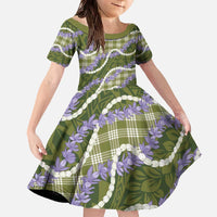 Green Hawaii Palaka Honohono Pikake Family Matching Off The Shoulder Long Sleeve Dress and Hawaiian Shirt Hawaiian Orchid Lei Polynesian Pattern LT14 Daughter's Dress Green - Polynesian Pride