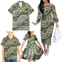 Green Hawaii Palaka Honohono Pikake Family Matching Off The Shoulder Long Sleeve Dress and Hawaiian Shirt Hawaiian Orchid Lei Polynesian Pattern LT14 - Polynesian Pride