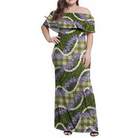 Green Hawaii Palaka Honohono Pikake Family Matching Off Shoulder Maxi Dress and Hawaiian Shirt Hawaiian Orchid Lei Polynesian Pattern LT14 Green - Polynesian Pride