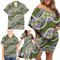 Green Hawaii Palaka Honohono Pikake Family Matching Off Shoulder Short Dress and Hawaiian Shirt Hawaiian Orchid Lei Polynesian Pattern LT14 - Polynesian Pride