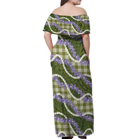 Green Hawaii Palaka Honohono Pikake Off Shoulder Maxi Dress Hawaiian Orchid Lei Polynesian Pattern - Polynesian Pride