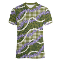 Green Hawaii Palaka Honohono Pikake Women V-Neck T-Shirt Hawaiian Orchid Lei Polynesian Pattern - Polynesian Pride