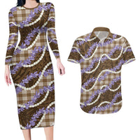 Brown Hawaii Palaka Honohono Pikake Couples Matching Long Sleeve Bodycon Dress and Hawaiian Shirt Hawaiian Orchid Lei Polynesian Pattern LT14 Brown - Polynesian Pride