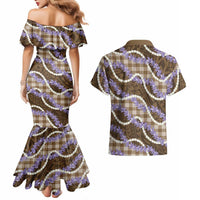 Brown Hawaii Palaka Honohono Pikake Couples Matching Mermaid Dress and Hawaiian Shirt Hawaiian Orchid Lei Polynesian Pattern LT14 - Polynesian Pride
