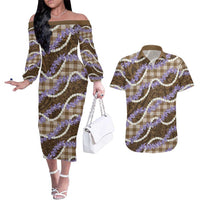 Brown Hawaii Palaka Honohono Pikake Couples Matching Off The Shoulder Long Sleeve Dress and Hawaiian Shirt Hawaiian Orchid Lei Polynesian Pattern LT14 Brown - Polynesian Pride
