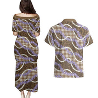 Brown Hawaii Palaka Honohono Pikake Couples Matching Puletasi and Hawaiian Shirt Hawaiian Orchid Lei Polynesian Pattern - Polynesian Pride