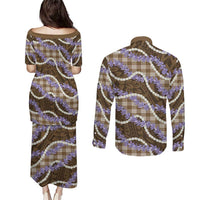 Brown Hawaii Palaka Honohono Pikake Couples Matching Puletasi and Long Sleeve Button Shirt Hawaiian Orchid Lei Polynesian Pattern - Polynesian Pride