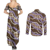 Brown Hawaii Palaka Honohono Pikake Couples Matching Summer Maxi Dress and Long Sleeve Button Shirt Hawaiian Orchid Lei Polynesian Pattern - Polynesian Pride