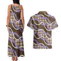 Brown Hawaii Palaka Honohono Pikake Couples Matching Tank Maxi Dress and Hawaiian Shirt Hawaiian Orchid Lei Polynesian Pattern - Polynesian Pride