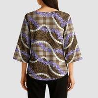 Brown Hawaii Palaka Honohono Pikake Kimono Sleeve Blouse Hawaiian Orchid Lei Polynesian Pattern - Polynesian Pride