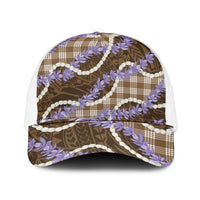 Brown Hawaii Palaka Honohono Pikake Mesh Trucker Cap Hawaiian Orchid Lei Polynesian Pattern - Polynesian Pride