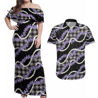 Black Hawaii Palaka Honohono Pikake Couples Matching Off Shoulder Maxi Dress and Hawaiian Shirt Hawaiian Orchid Lei Polynesian Pattern - Polynesian Pride