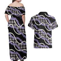 Black Hawaii Palaka Honohono Pikake Couples Matching Off Shoulder Maxi Dress and Hawaiian Shirt Hawaiian Orchid Lei Polynesian Pattern - Polynesian Pride