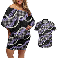 Black Hawaii Palaka Honohono Pikake Couples Matching Off Shoulder Short Dress and Hawaiian Shirt Hawaiian Orchid Lei Polynesian Pattern LT14 Black - Polynesian Pride