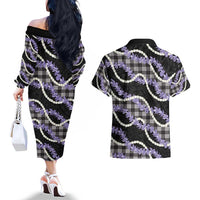 Black Hawaii Palaka Honohono Pikake Couples Matching Off The Shoulder Long Sleeve Dress and Hawaiian Shirt Hawaiian Orchid Lei Polynesian Pattern LT14 - Polynesian Pride