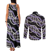 Black Hawaii Palaka Honohono Pikake Couples Matching Tank Maxi Dress and Long Sleeve Button Shirt Hawaiian Orchid Lei Polynesian Pattern - Polynesian Pride