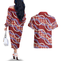 Red Hawaii Palaka Honohono Pikake Couples Matching Off The Shoulder Long Sleeve Dress and Hawaiian Shirt Hawaiian Orchid Lei Polynesian Pattern - Polynesian Pride