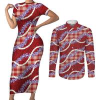 Red Hawaii Palaka Honohono Pikake Couples Matching Short Sleeve Bodycon Dress and Long Sleeve Button Shirt Hawaiian Orchid Lei Polynesian Pattern LT14 Red - Polynesian Pride