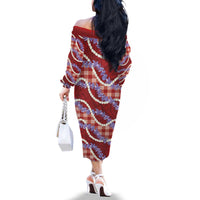 Red Hawaii Palaka Honohono Pikake Family Matching Off The Shoulder Long Sleeve Dress and Hawaiian Shirt Hawaiian Orchid Lei Polynesian Pattern LT14 - Polynesian Pride