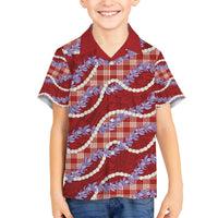 Red Hawaii Palaka Honohono Pikake Family Matching Off The Shoulder Long Sleeve Dress and Hawaiian Shirt Hawaiian Orchid Lei Polynesian Pattern - Polynesian Pride