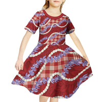 Red Hawaii Palaka Honohono Pikake Kid Short Sleeve Dress Hawaiian Orchid Lei Polynesian Pattern - Polynesian Pride