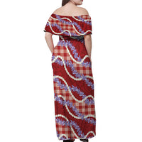 Red Hawaii Palaka Honohono Pikake Off Shoulder Maxi Dress Hawaiian Orchid Lei Polynesian Pattern - Polynesian Pride