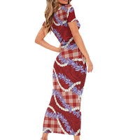 Red Hawaii Palaka Honohono Pikake Short Sleeve Bodycon Dress Hawaiian Orchid Lei Polynesian Pattern - Polynesian Pride
