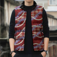 Red Hawaii Palaka Honohono Pikake Sleeveless Puffer Jacket Hawaiian Orchid Lei Polynesian Pattern - Polynesian Pride
