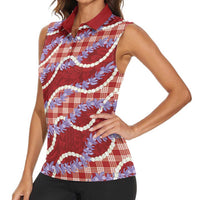 Red Hawaii Palaka Honohono Pikake Women Sleeveless Polo Shirt Hawaiian Orchid Lei Polynesian Pattern - Polynesian Pride