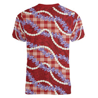 Red Hawaii Palaka Honohono Pikake Women V-Neck T-Shirt Hawaiian Orchid Lei Polynesian Pattern - Polynesian Pride