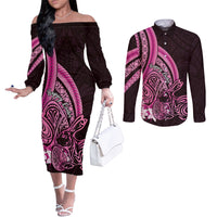 Pink Polynesia Easter Day Couples Matching Off The Shoulder Long Sleeve Dress and Long Sleeve Button Shirt Eggs With Bunny Polynesian Pattern