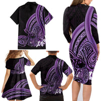 Purple Polynesia Easter Day Family Matching Long Sleeve Bodycon Dress and Hawaiian Shirt Eggs With Bunny Polynesian Pattern