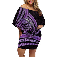 Purple Polynesia Easter Day Off Shoulder Short Dress Eggs With Bunny Polynesian Pattern LT14 Women Purple - Polynesian Pride