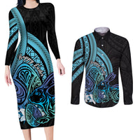 Turquoise Polynesia Easter Day Couples Matching Long Sleeve Bodycon Dress and Long Sleeve Button Shirt Eggs With Bunny Polynesian Pattern