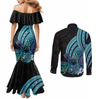 Turquoise Polynesia Easter Day Couples Matching Mermaid Dress and Long Sleeve Button Shirt Eggs With Bunny Polynesian Pattern