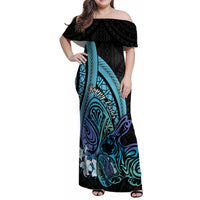 Turquoise Polynesia Easter Day Family Matching Off Shoulder Maxi Dress and Hawaiian Shirt Eggs With Bunny Polynesian Pattern