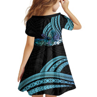 Turquoise Polynesia Easter Day Family Matching Off Shoulder Short Dress and Hawaiian Shirt Eggs With Bunny Polynesian Pattern