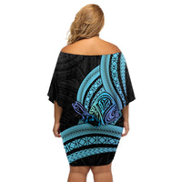 Turquoise Polynesia Easter Day Family Matching Off Shoulder Short Dress and Hawaiian Shirt Eggs With Bunny Polynesian Pattern