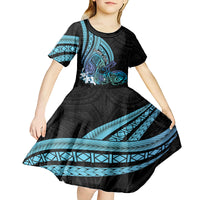 Turquoise Polynesia Easter Day Kid Short Sleeve Dress Eggs With Bunny Polynesian Pattern