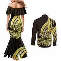 Yellow Polynesia Easter Day Couples Matching Mermaid Dress and Long Sleeve Button Shirt Eggs With Bunny Polynesian Pattern