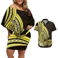Yellow Polynesia Easter Day Couples Matching Off Shoulder Short Dress and Hawaiian Shirt Eggs With Bunny Polynesian Pattern LT14 Yellow - Polynesian Pride