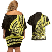 Yellow Polynesia Easter Day Couples Matching Off Shoulder Short Dress and Hawaiian Shirt Eggs With Bunny Polynesian Pattern LT14 - Polynesian Pride