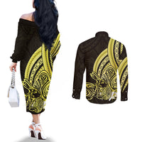 Yellow Polynesia Easter Day Couples Matching Off The Shoulder Long Sleeve Dress and Long Sleeve Button Shirt Eggs With Bunny Polynesian Pattern LT14 - Polynesian Pride