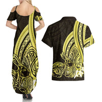 Yellow Polynesia Easter Day Couples Matching Summer Maxi Dress and Hawaiian Shirt Eggs With Bunny Polynesian Pattern